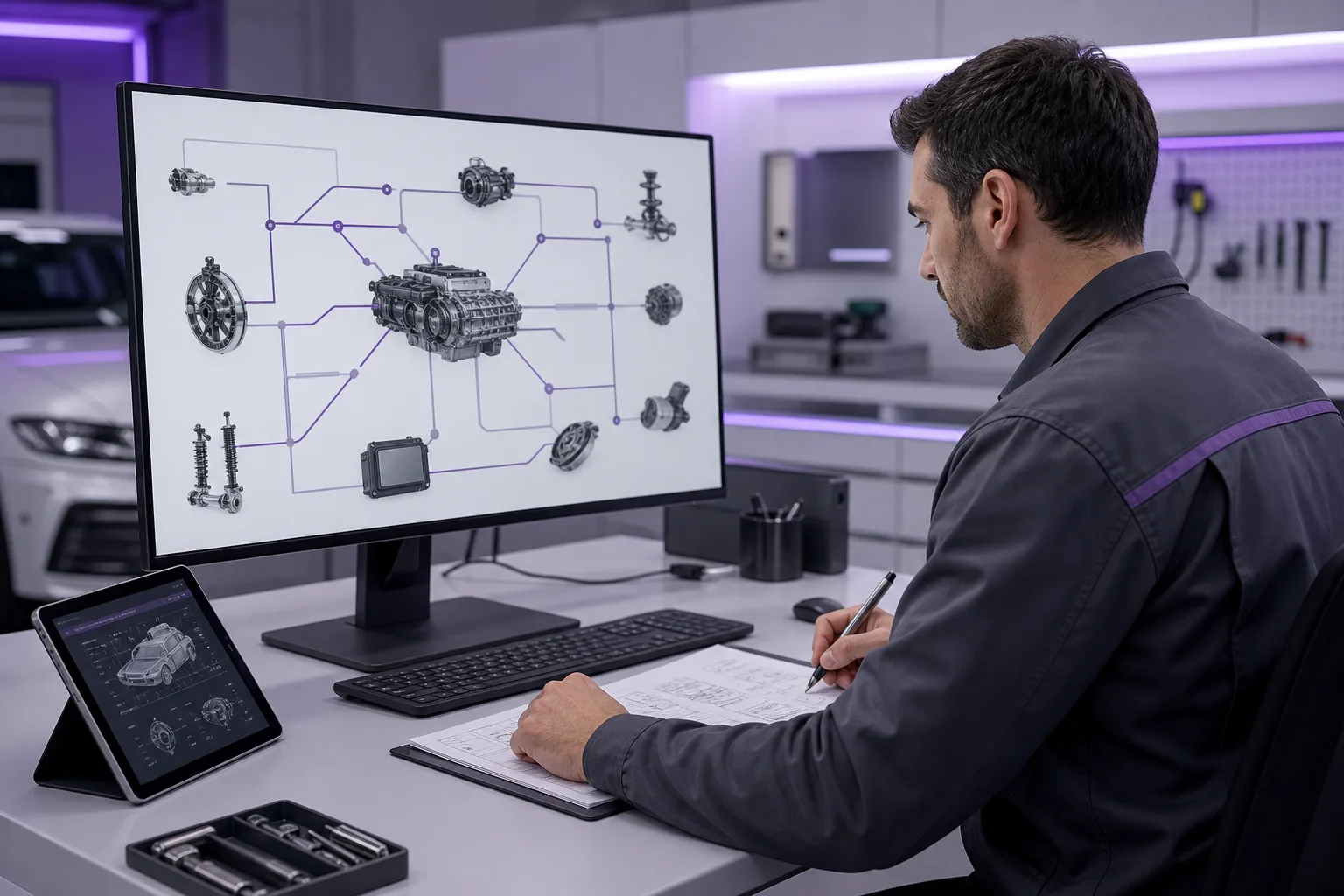Technician compiling vehicle wear interconnection map at documentation workstation, 1200x800