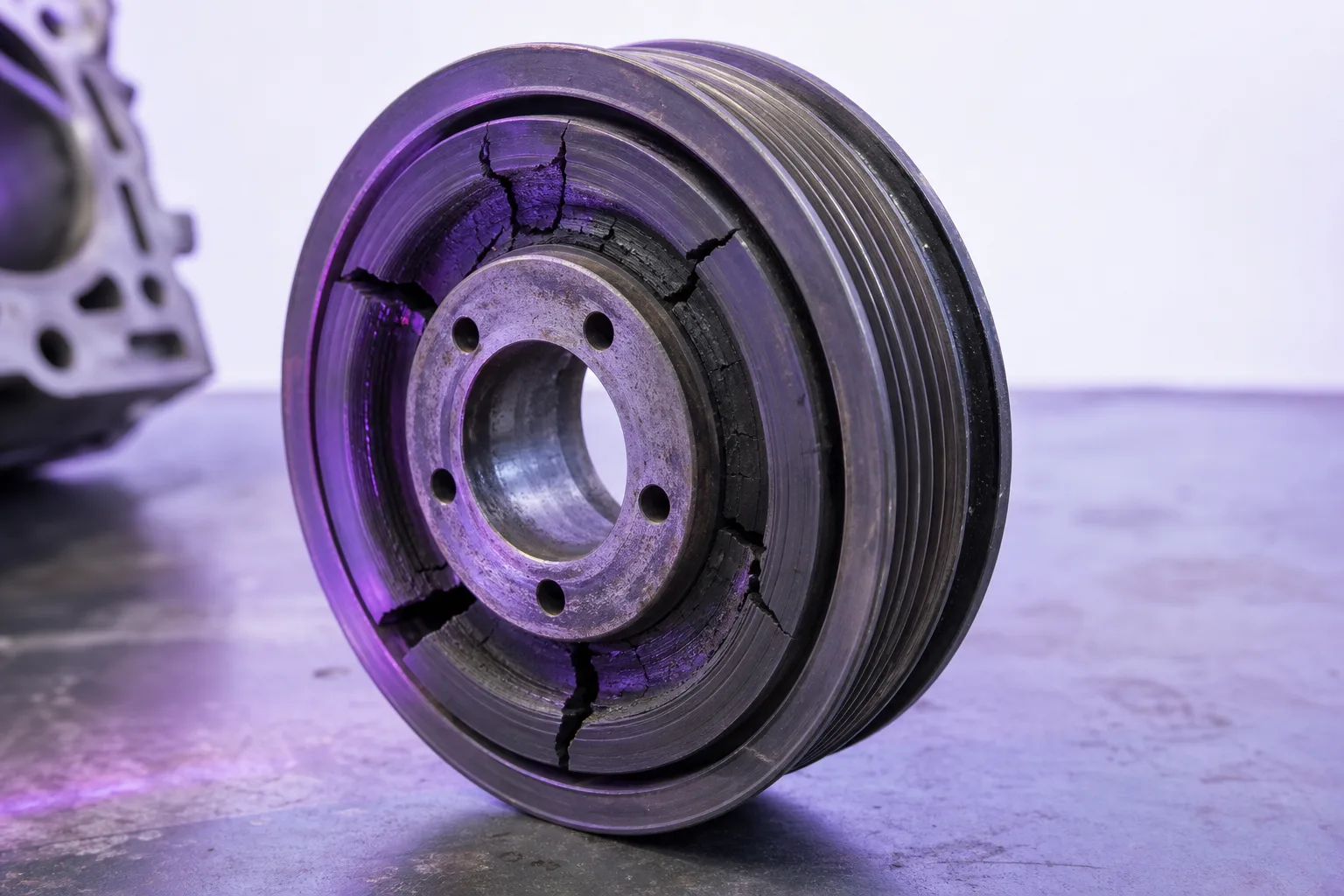 Worn crankshaft harmonic damper pulley showing rubber deterioration and misalignment, 1200x800