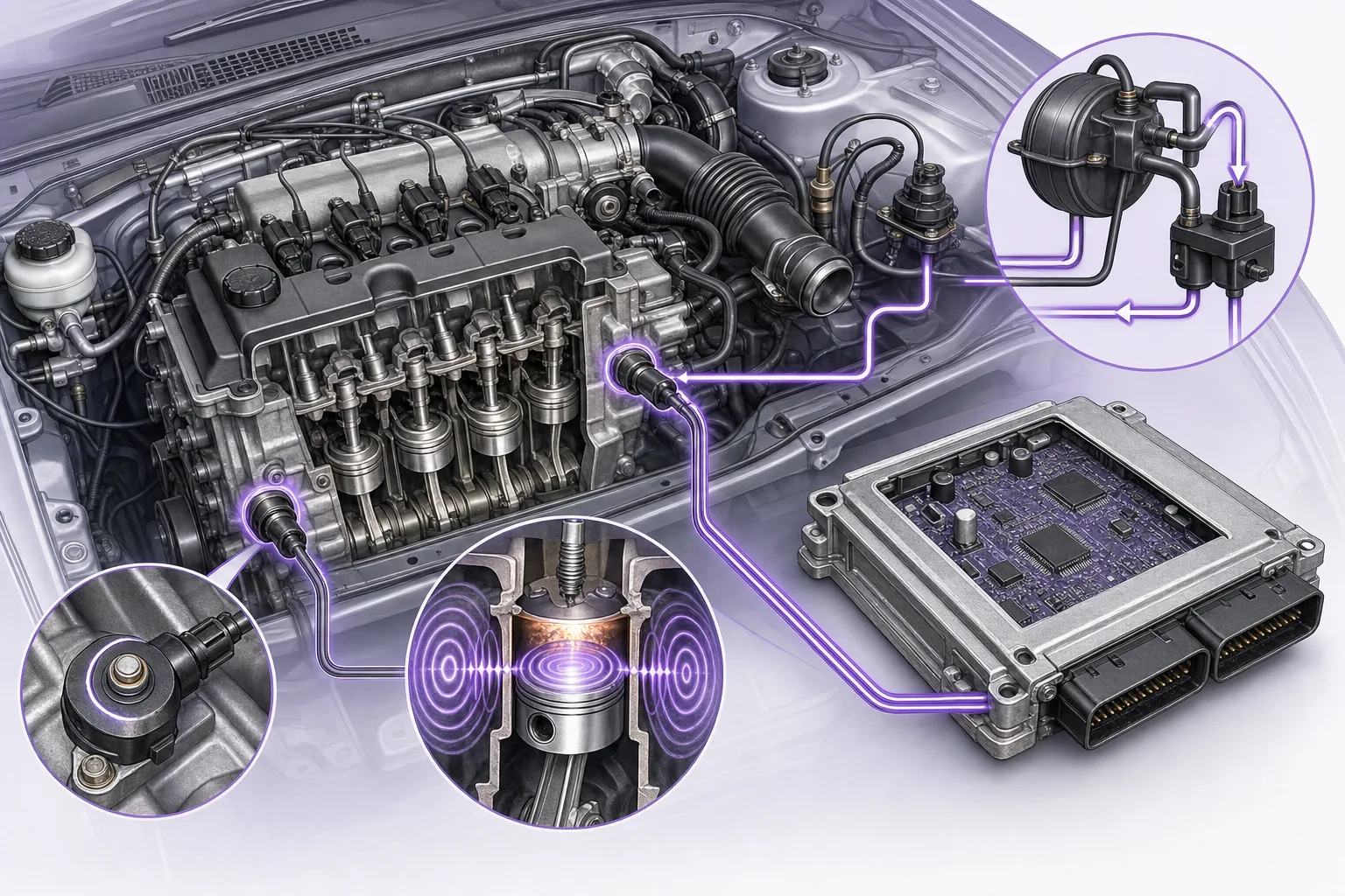 Engine bay diagram highlighting knock sensor connections to ECU and vacuum systems, 1200x800