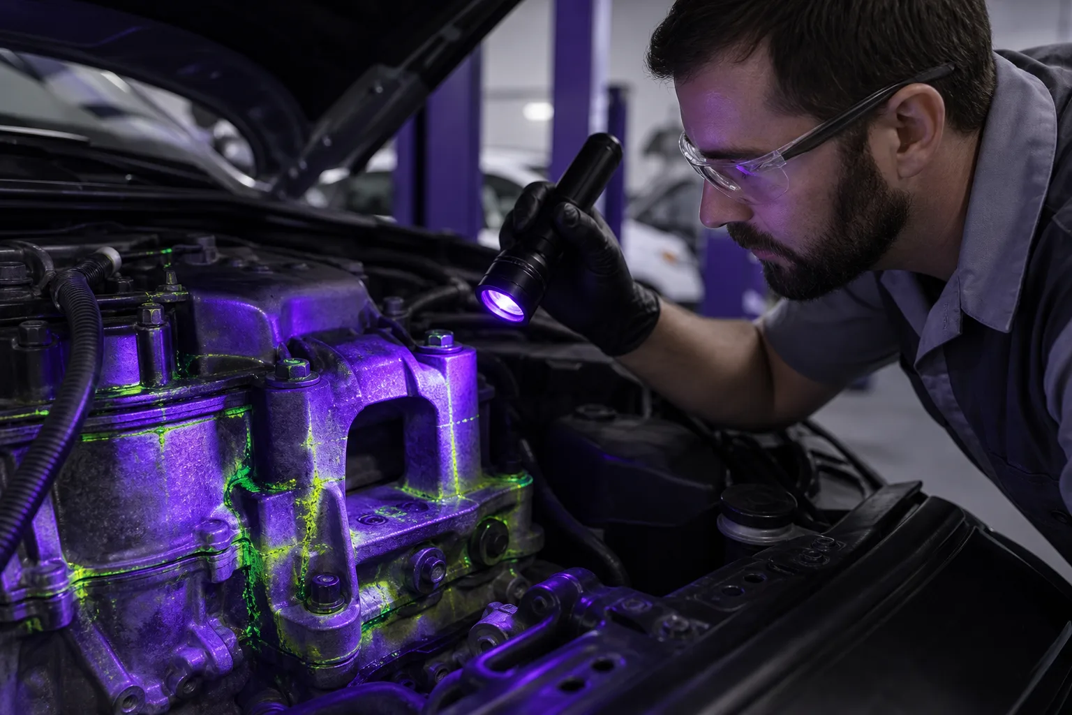 Technician using UV dye to trace engine oil seepage paths across gasket and mount surfaces, 1200x800