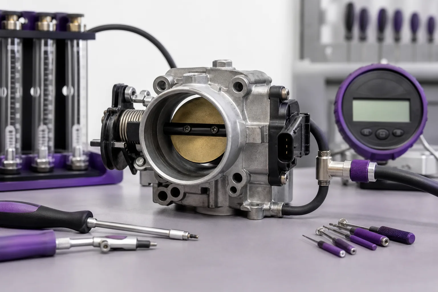 Throttle body assembly on workbench with airflow measurement tools, 1200x800