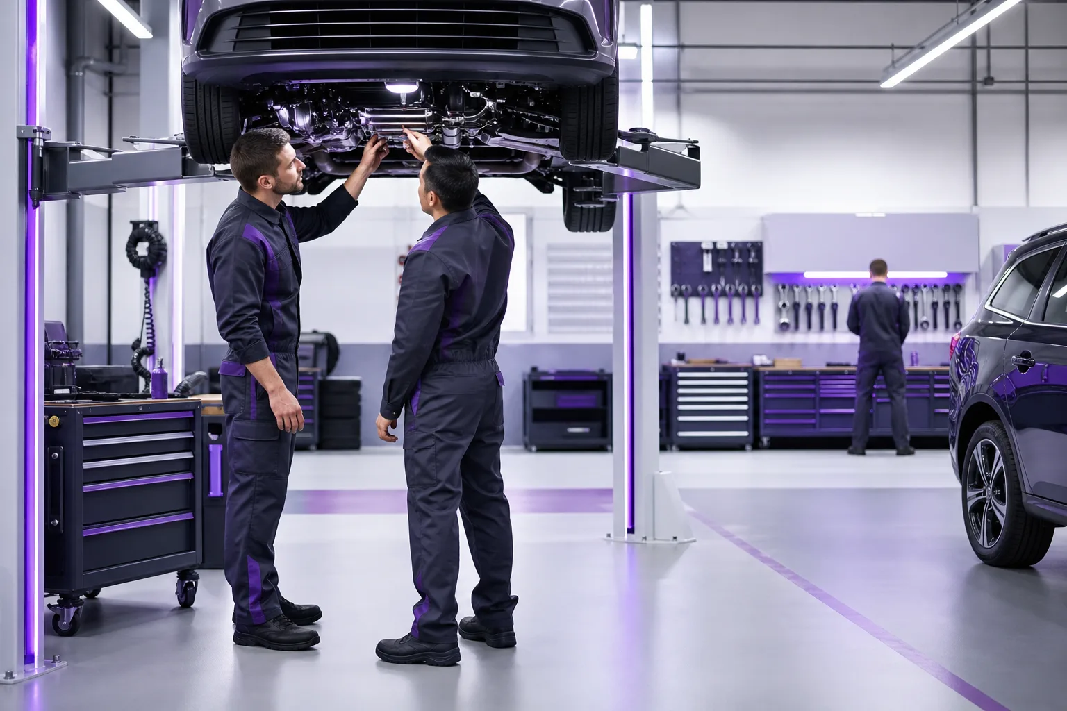 Professional auto repair workshop with technicians inspecting interconnected engine systems, 1920x1080
