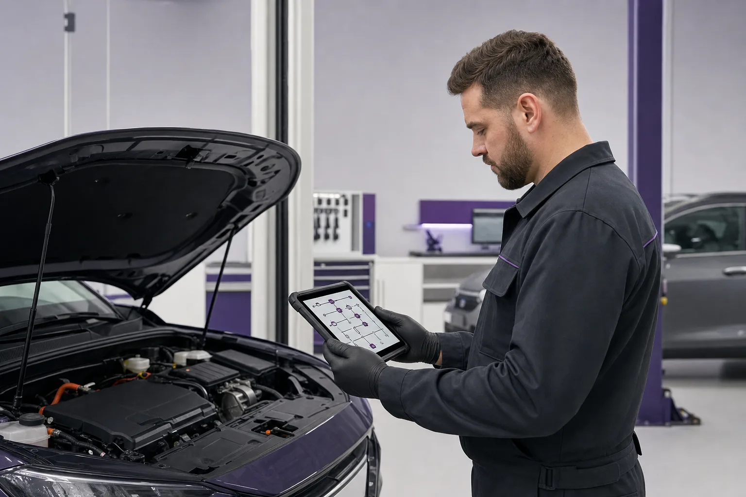 Technician reviewing interconnected vehicle system diagram on diagnostic tablet in repair bay, 1200x800
