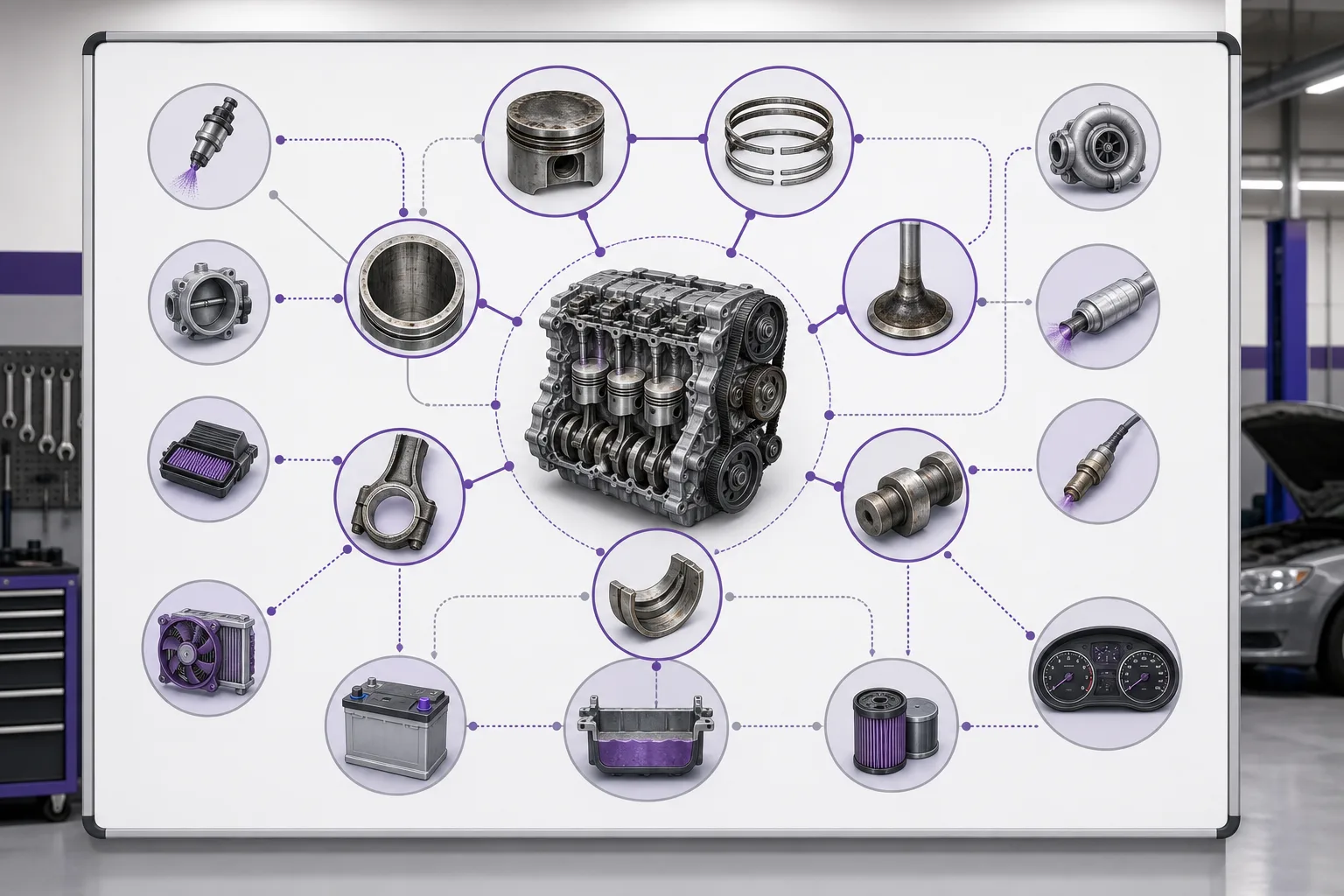 Visual chart showing interconnections between worn engine components and related systems, 1200x800